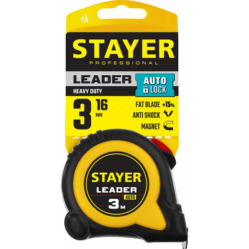 STAYER Leader, 3 м х 16 мм, рулетка с автостопом, Professional (3402-3)