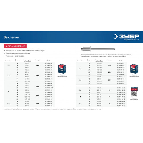 ЗУБР 4.0 x 6 мм, 50 шт, алюминиевые заклепки, Профессионал (313106-40-06)