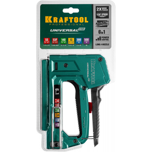 KRAFTOOL Universal-HD, 6-в-1: 53 (A/10/JT21) 23GA (6 - 14 мм)/140 (G/11/57) 20GA (8 - 14 мм)/13/53F/300/500, универсальный алюминиевый степлер (3188)