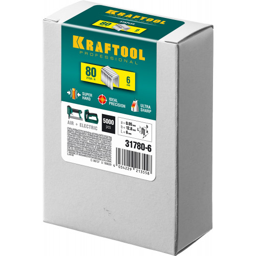 KRAFTOOL тип 21GA (80/Pr A/Senco AT) 6 мм, 5000 шт, скобы для степлера (31780-6)