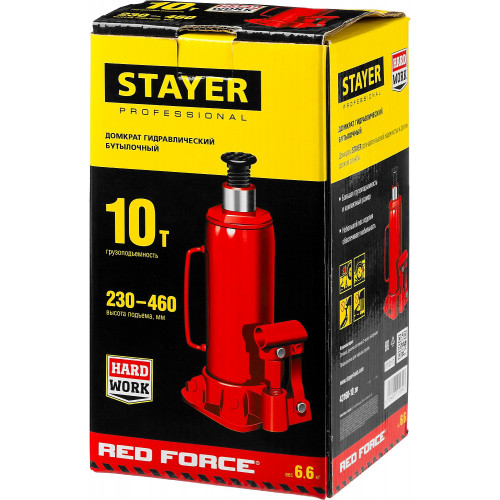STAYER RED FORCE, 10 т, 230 - 460 мм, бутылочный гидравлический домкрат, Professional (43160-10)