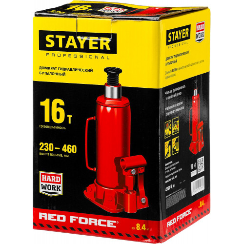 STAYER RED FORCE, 16 т, 230 - 460 мм, бутылочный гидравлический домкрат, Professional (43160-16)