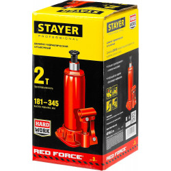 STAYER RED FORCE, 2 т, 181 - 345 мм, бутылочный гидравлический домкрат, Professional (43160-2)