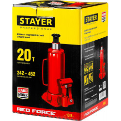 STAYER RED FORCE, 20 т, 242 - 452 мм, бутылочный гидравлический домкрат, Professional (43160-20)