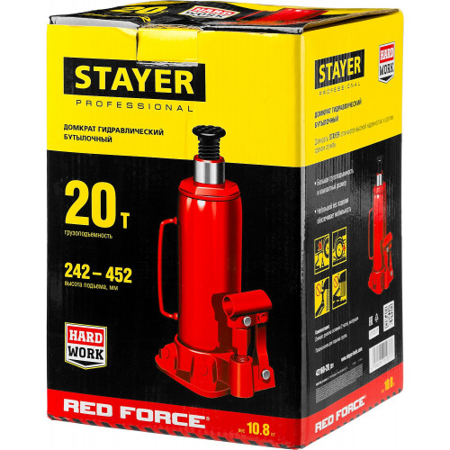 STAYER RED FORCE, 20 т, 242 - 452 мм, бутылочный гидравлический домкрат, Professional (43160-20)