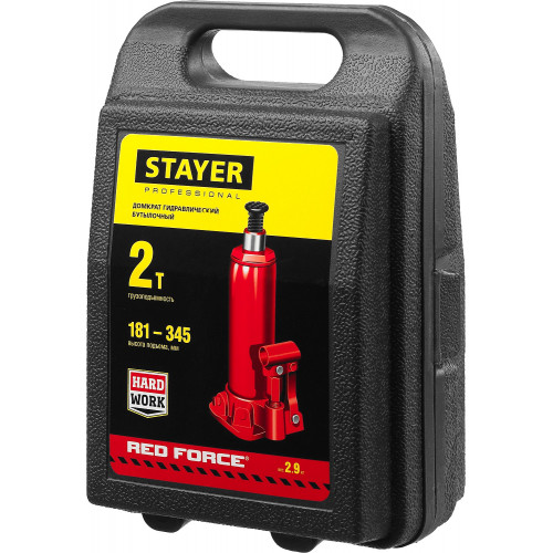 STAYER RED FORCE, в кейсе, 2 т, 181 - 345 мм, бутылочный гидравлический домкрат, Professional (43160-2-K)