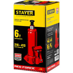 STAYER RED FORCE, 6 т, 216 - 413 мм, бутылочный гидравлический домкрат, Professional (43160-6)