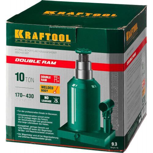 KRAFTOOL DOUBLE RAM, 10 т, 170 - 430 мм, с увеличенным подъемом, двухштоковый бутылочный домкрат (43463-10)