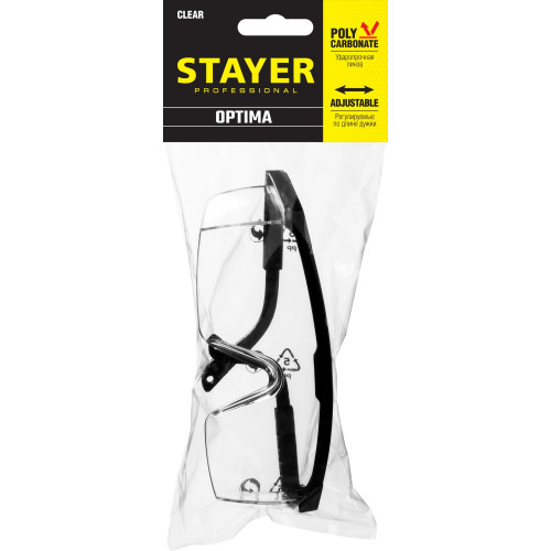 STAYER OPTIMA открытого типа, прозрачные, моностекло с дополнительной боковой защитой, защитные очки (2-110451)