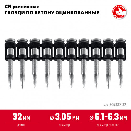 ЗУБР CN усиленные 32 х 3.05 мм, гвозди по бетону оцинкованные, 1000 шт (305387-32)