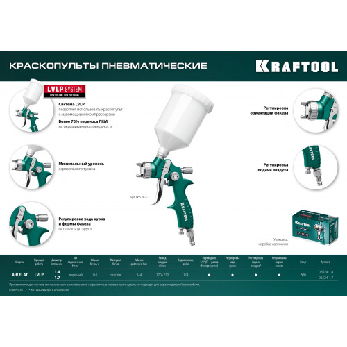 KRAFTOOL AirFlat, LVLP, 1.4 мм, пневматический краскопульт с верхним бачком (06524-1.4)