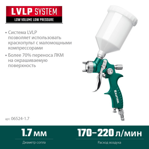 KRAFTOOL AirFlat, LVLP, 1.7 мм, пневматический краскопульт с верхним бачком (06524-1.7)