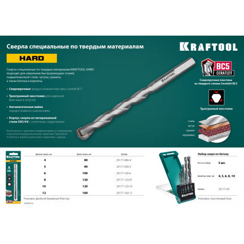 KRAFTOOL Hard, 12 х 160 мм, тв.сплав ВС5, сверло специальное по твёрдым материалам (29177-160-12)