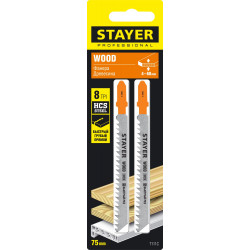 STAYER T111C, T-хвост., HCS сталь, по пластику/дереву/ДСП, шаг зуба 3 мм (8TPI), раб. длина 75 мм, 2 шт, полотна для лобзика, Professional (15987-3)