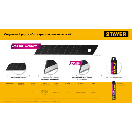 STAYER 18 мм, 10 шт, сегментированные черные особоострые лезвия (0920-S10)