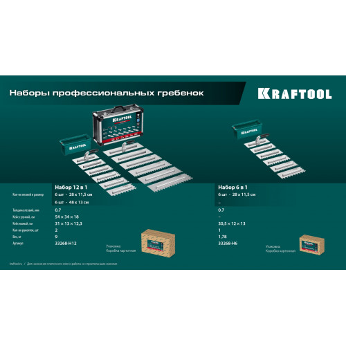 KRAFTOOL 280х115 мм (6шт) - 480х130 мм (6шт), набор нержавеющих гребенок со сменной 2к ручкой, в пластиковом кейсе (33268-H12)